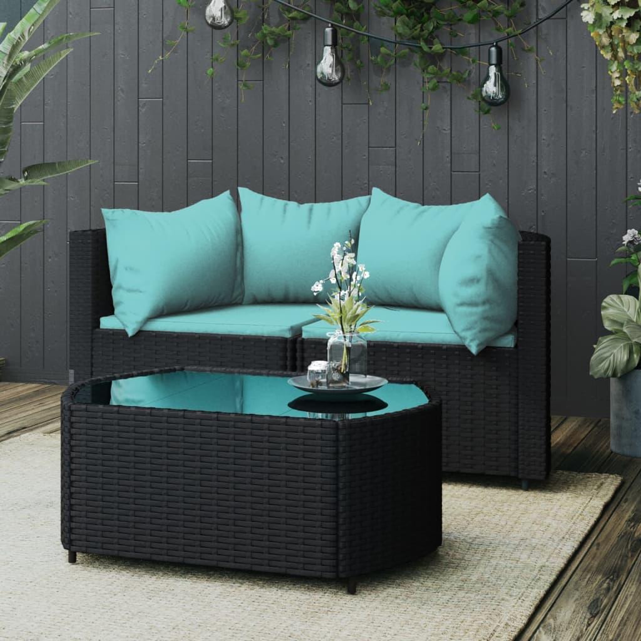 VIDAXL Salon de jardin 3 pcs avec coussins Noir Resine tressee