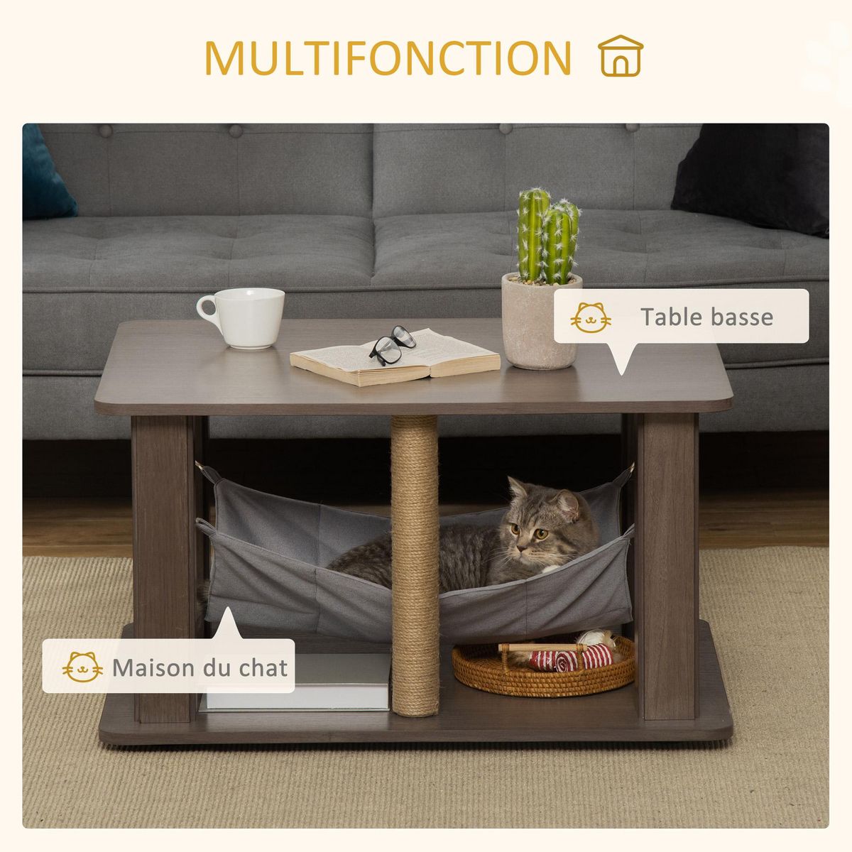 PAWHUT Table basse arbre à chat 2 en 1 - centre d'activités avec hamac, griffoirs - dim. 79L x 59l x 45,5H cm - polyester aspect bois gris