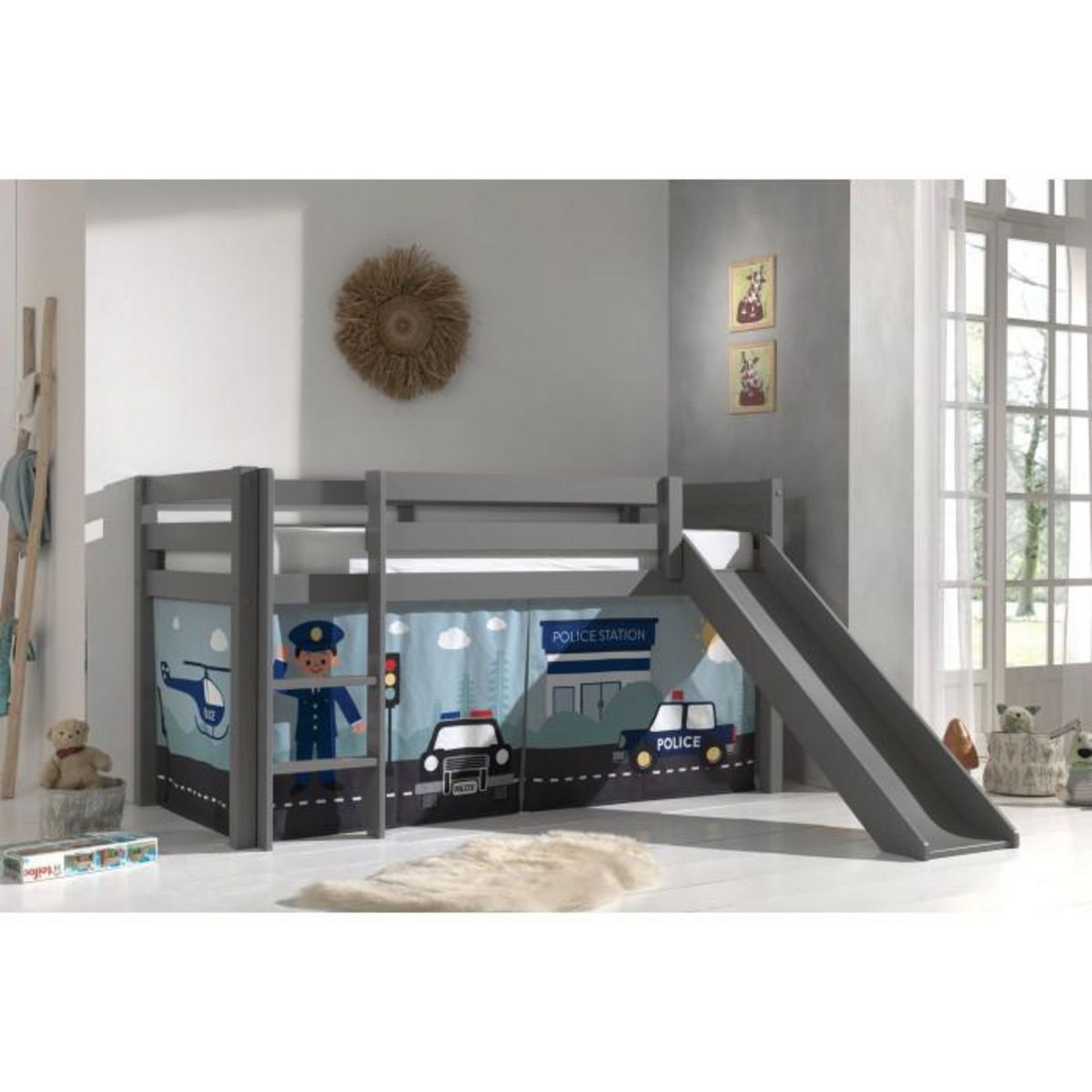 Paris Prix Lit Enfant Surélevé Avec Toboggan  Pino Police  90x200cm Gris