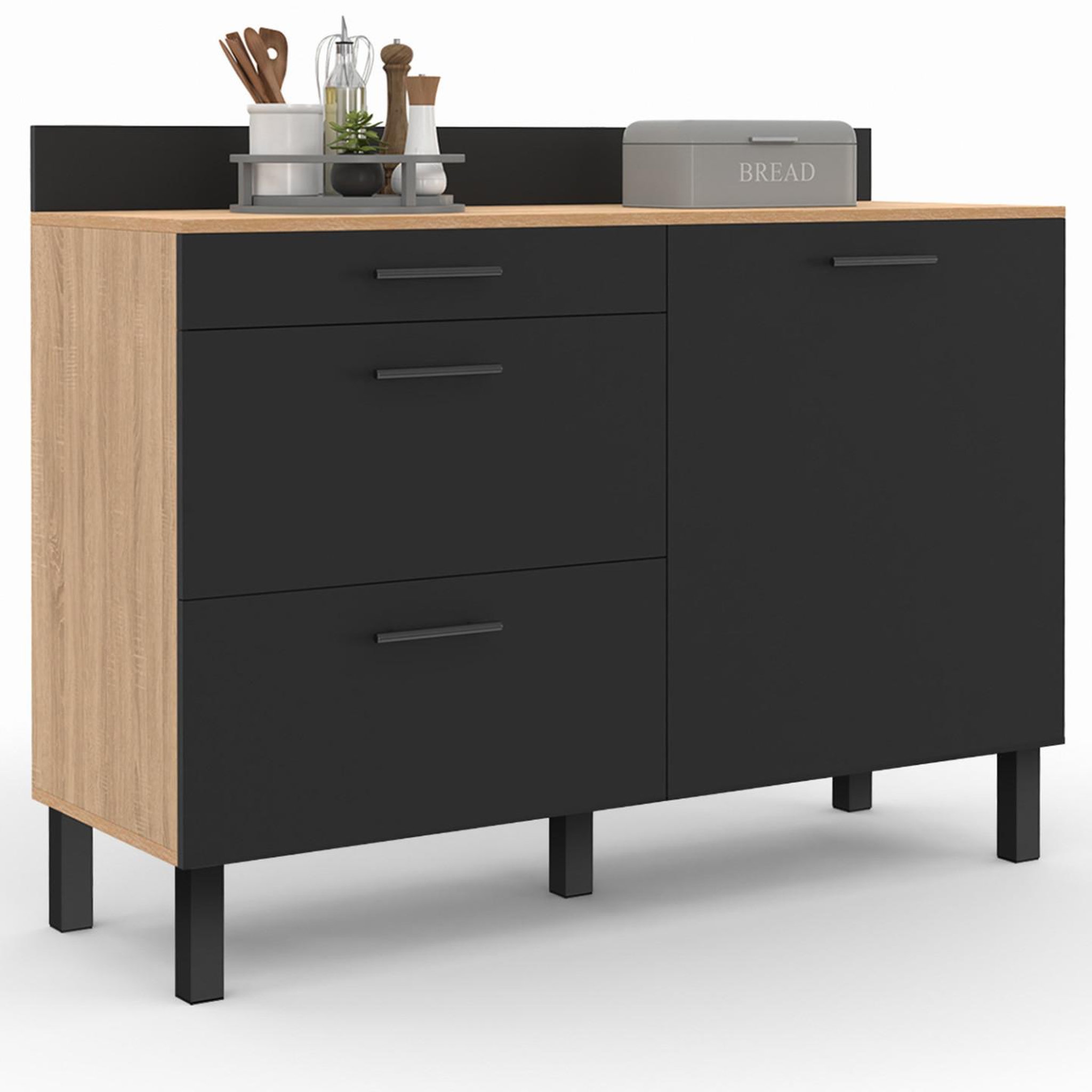 Voir la diapositive 3 : ID MARKET Buffet bas casserolier de cuisine 120 cm cina plan de travail h.83 cm 1 porte + 3 tiroirs façon hêtre et noir