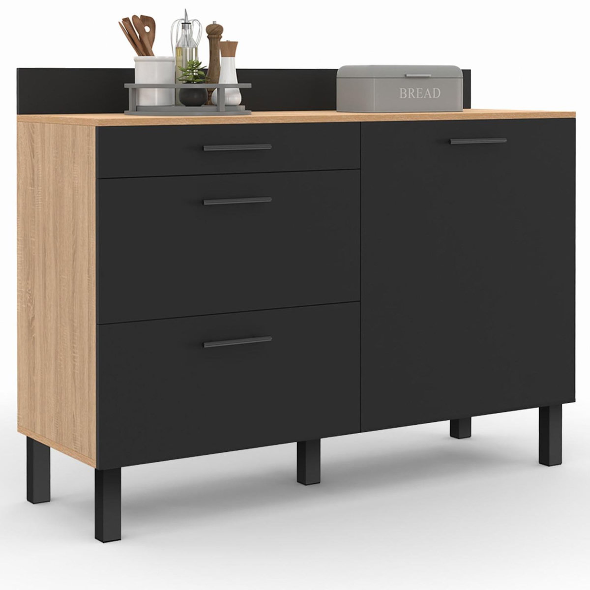 ID MARKET Buffet bas casserolier de cuisine 120 cm CINA plan de travail H.83 cm 1 porte + 3 tiroirs façon hêtre et noir