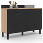 Voir la diapositive 3 : ID MARKET Buffet bas casserolier de cuisine 120 cm CINA plan de travail H.83 cm 1 porte + 3 tiroirs façon hêtre et noir