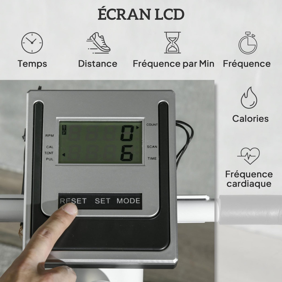 HOMCOM Stepper fitness pliable réglable - stepper avec guidon écran LCD multifonction porte-bouteille 2 roulettes acier blanc