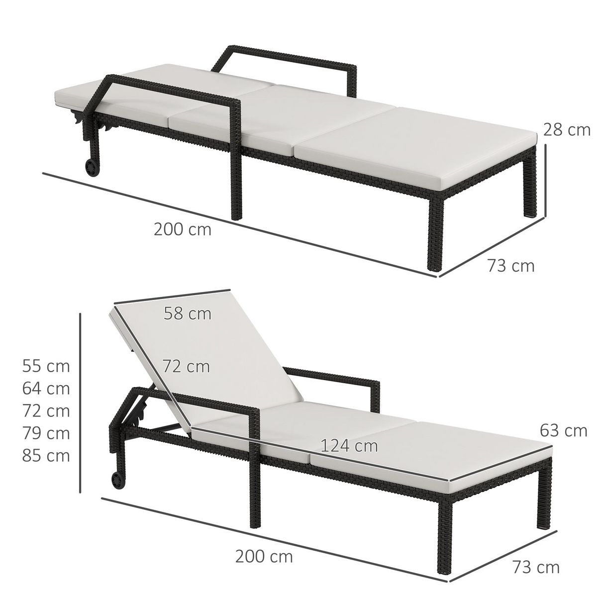 OUTSUNNY Bain de soleil transat inclinable avec matelas accoudoirs roulettes résine tressée noir