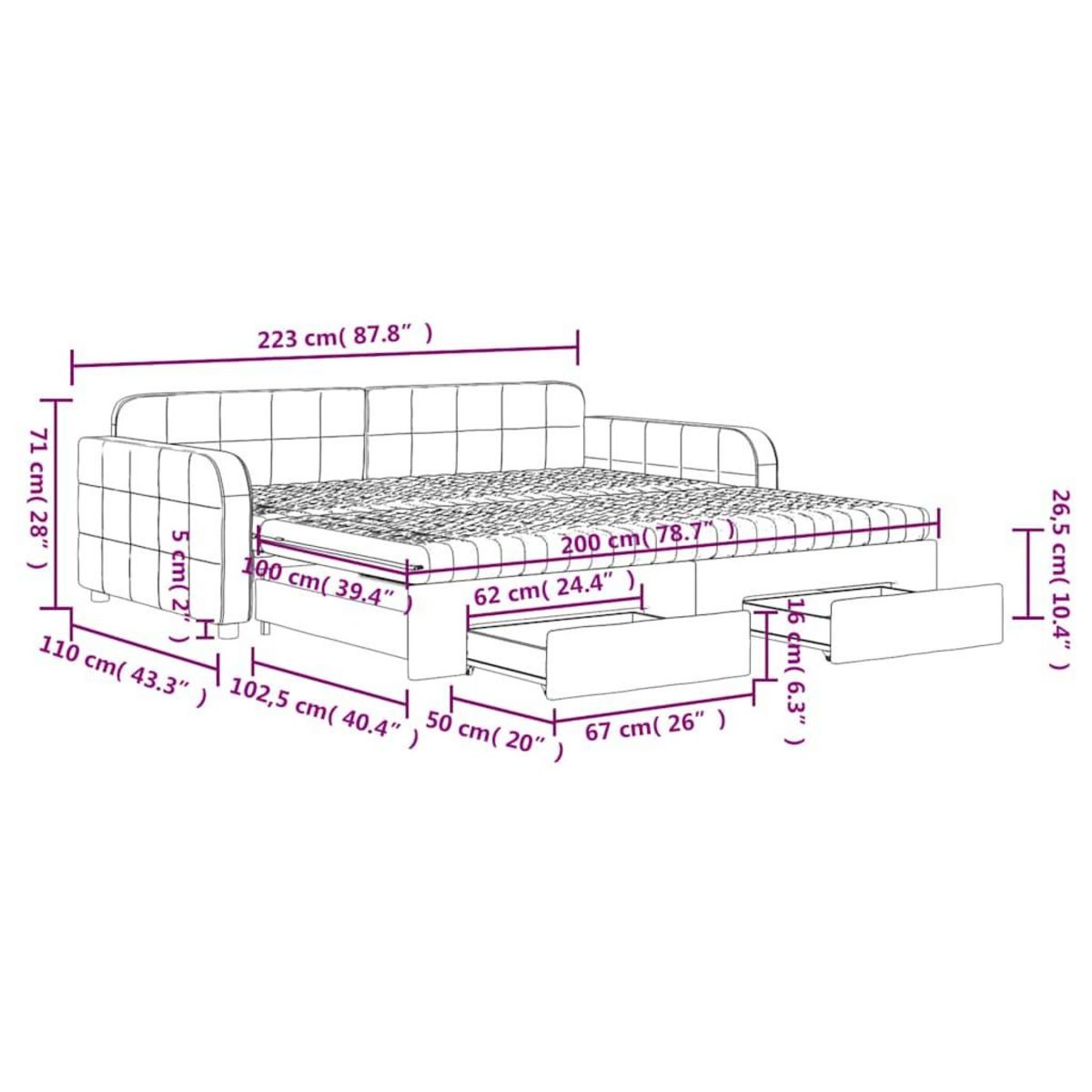 VIDAXL Lit de jour avec gigogne et tiroirs rose 100x200 cm velours