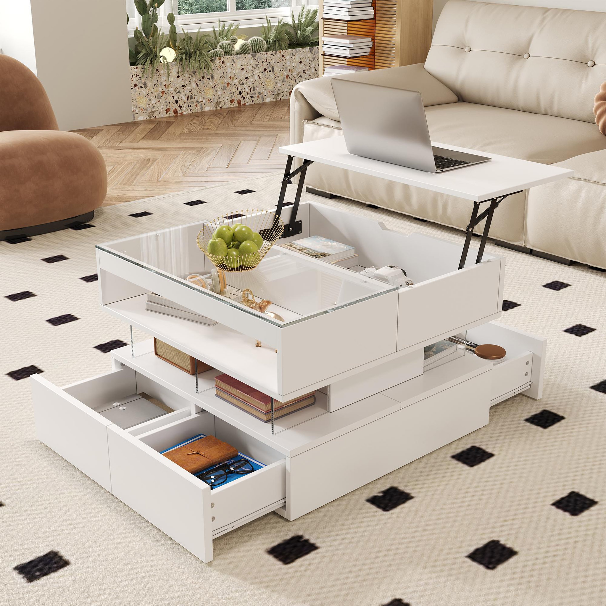 Voir la diapositive 2 : MERAX Table basse relevable rectangulaire blanc - 67x70 cm led panneau de particules