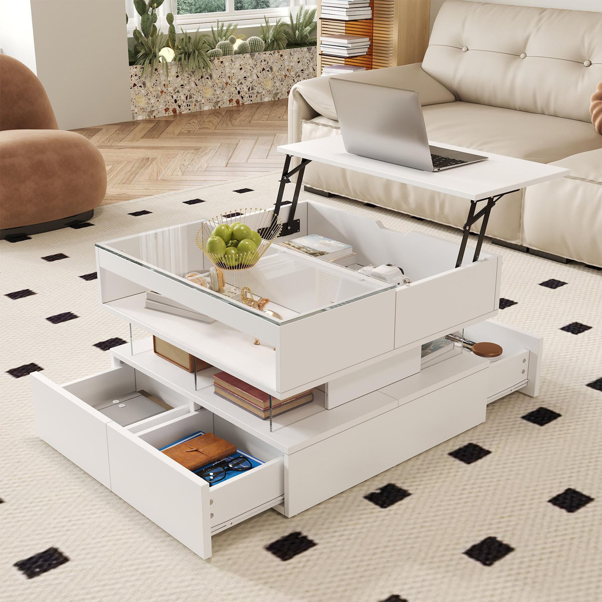 MERAX Table basse relevable rectangulaire blanc - 67x70 cm led panneau de particules