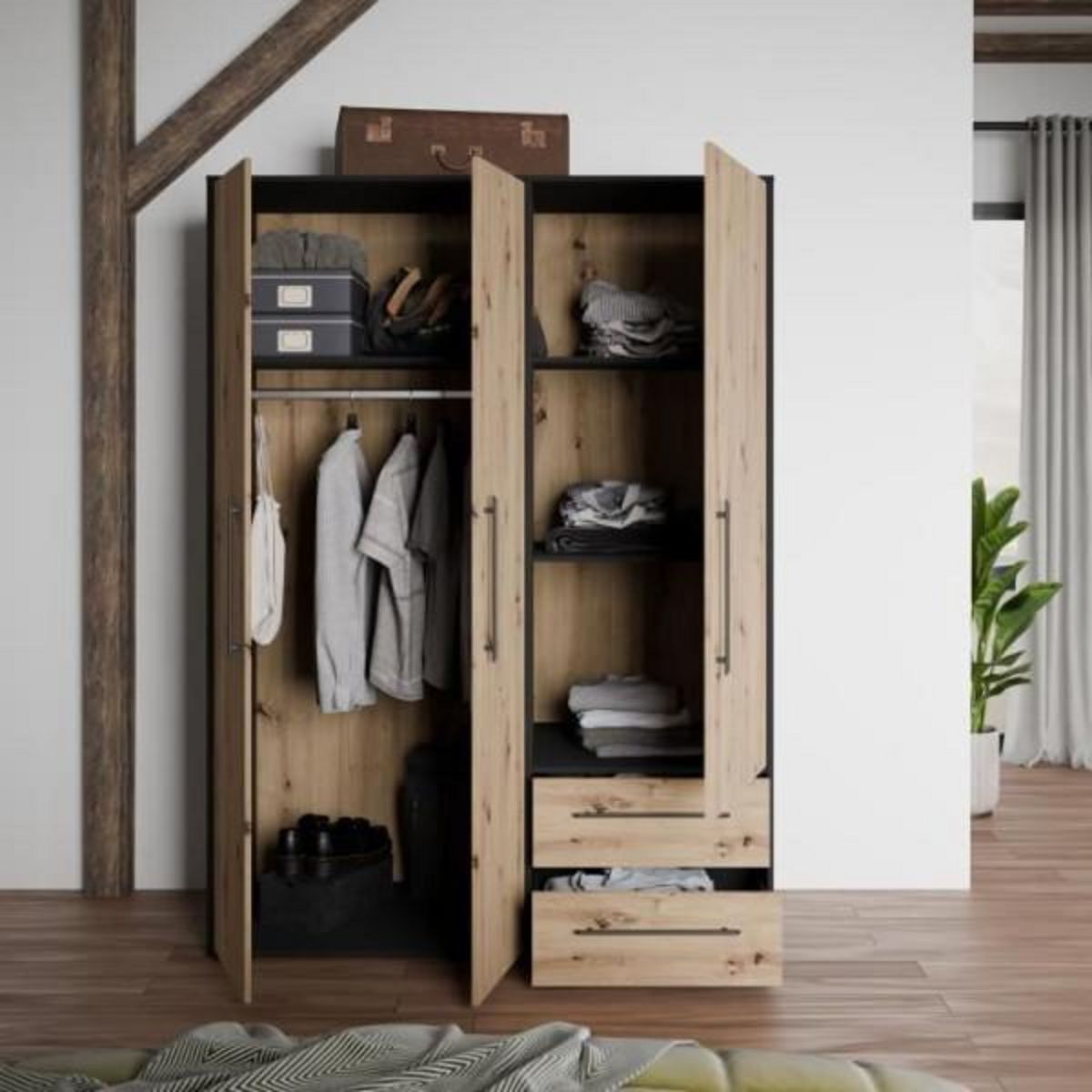 MARKET24 Armoire de chambre - MOKKARIS - Chene Artisan / Noir - 3 portes - 144,4 x 58,8 x 200,1 cm