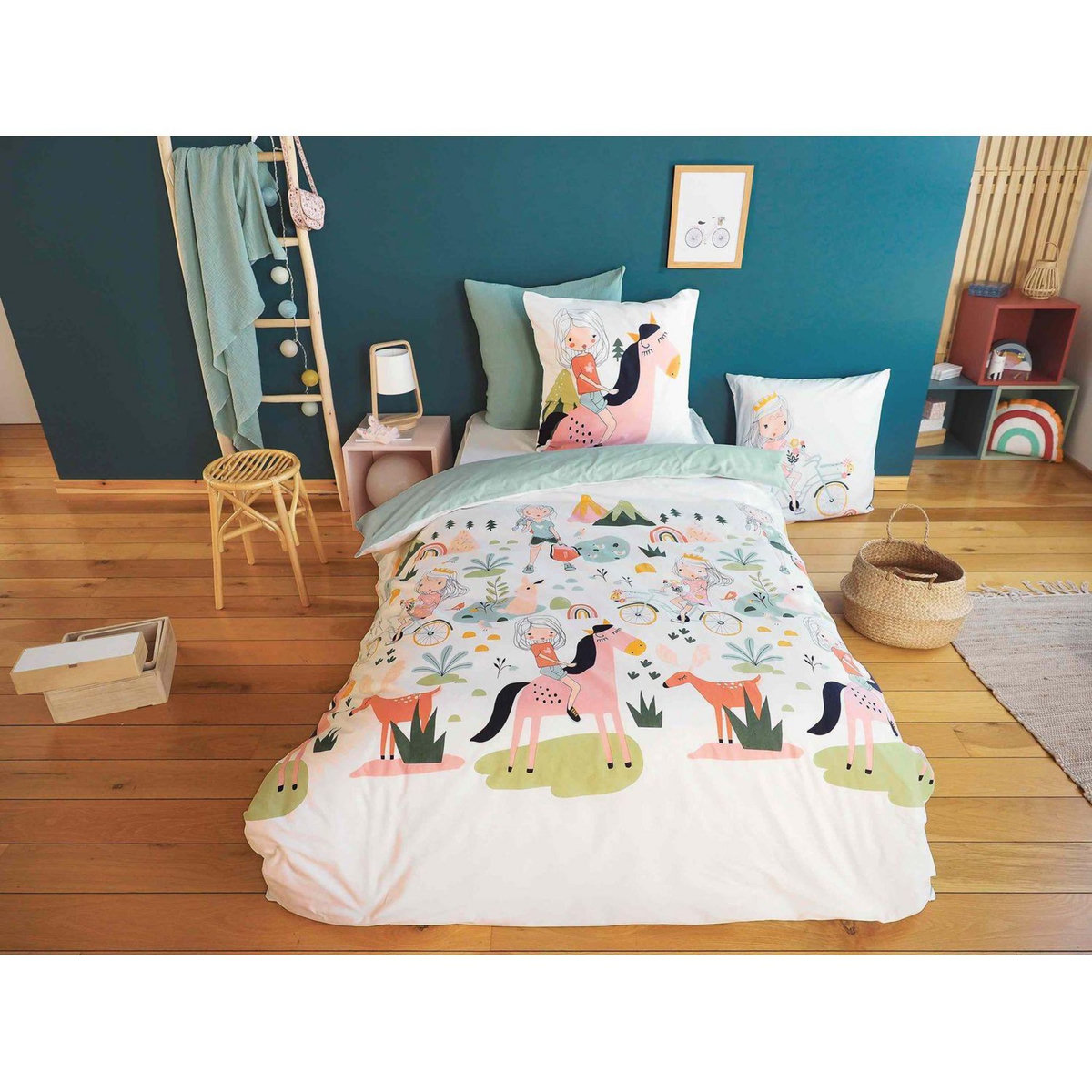 COTE DECO Parure de lit enfant Cheval - 100% coton 57 fils/cm² - 140 x 200 cm