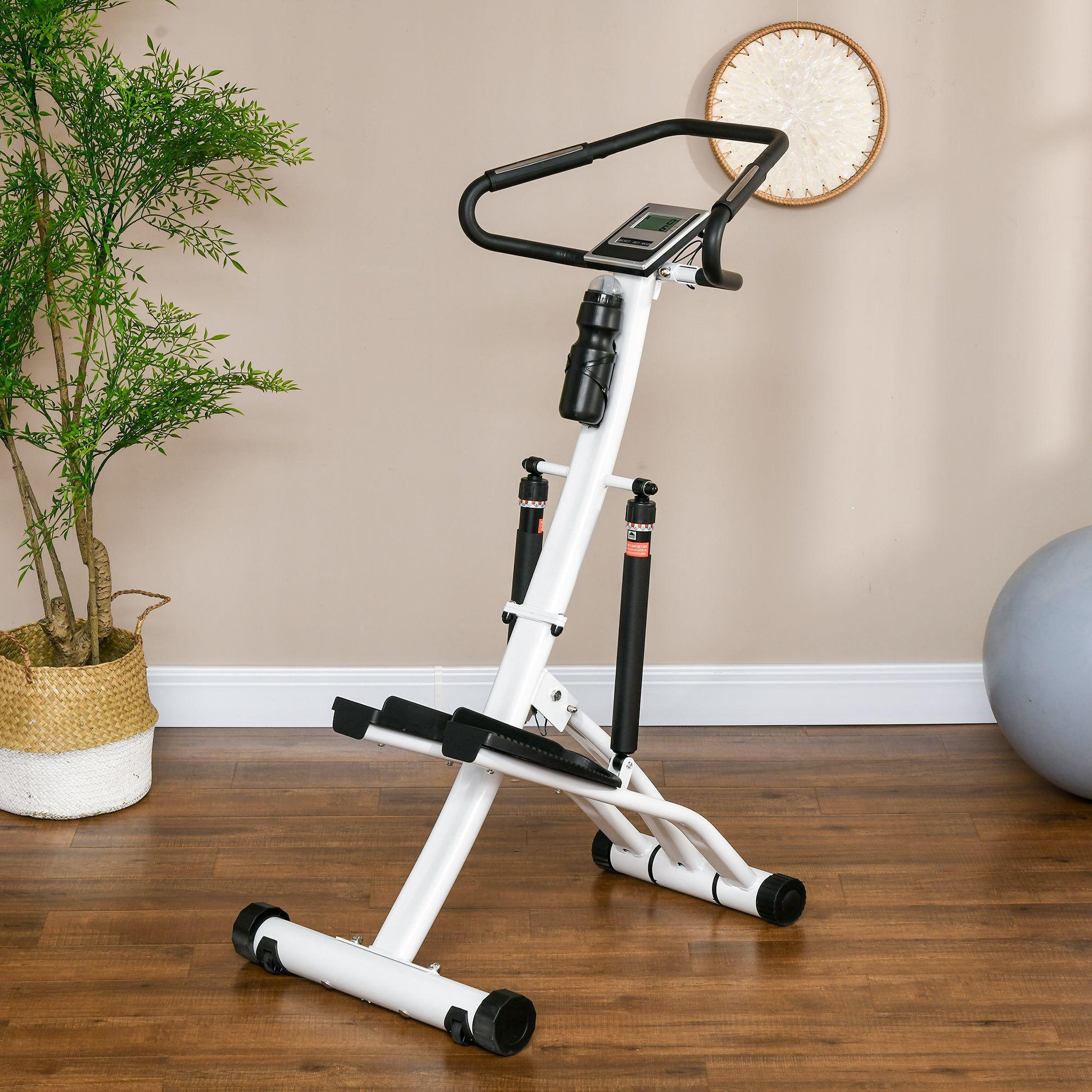 Voir la diapositive 2 : HOMCOM Stepper fitness pliable réglable - stepper avec guidon écran lcd multifonction porte-bouteille 2 roulettes acier blanc