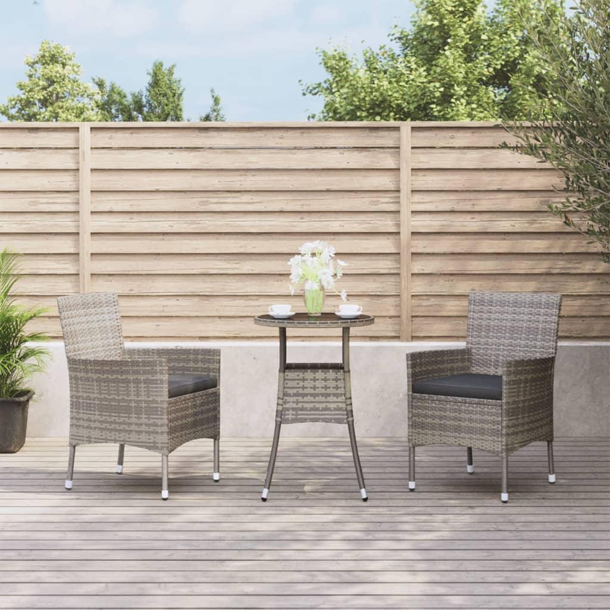 VIDAXL Ensemble de bistro de jardin 3 pcs coussins gris poly rotin