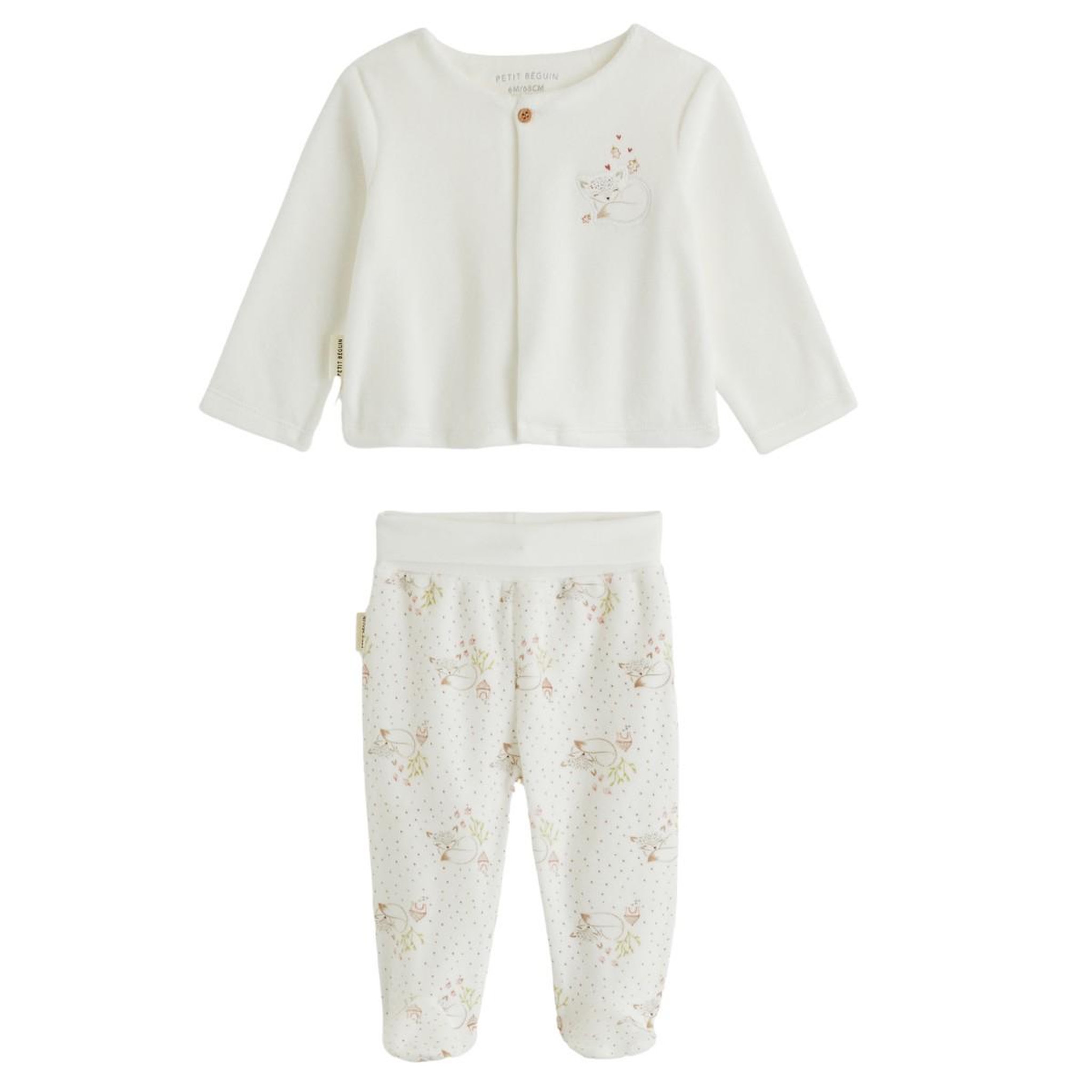 Petit BÃ©guin Ensemble bébé gilet et pantalon avec pieds en velours doucette. Coloris disponibles : Beige
