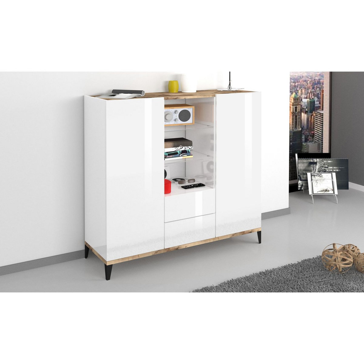 Buffet haut moderne 2 portes 2 tiroirs L120cm BARI