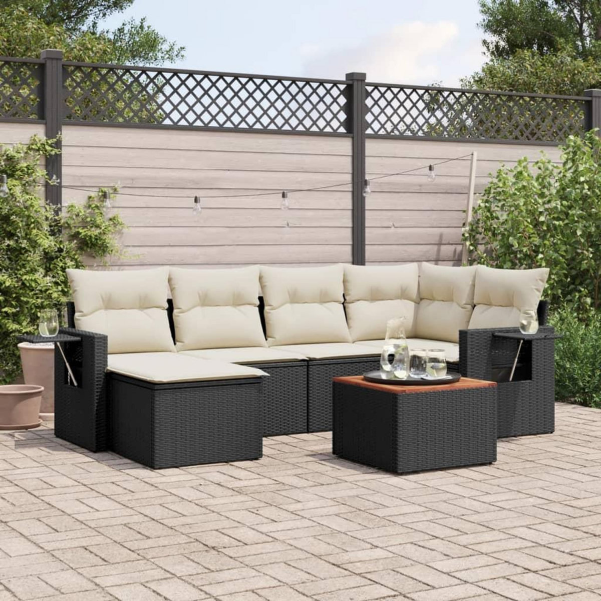 VIDAXL Salon de jardin 7 pcs avec coussins noir resine tressee