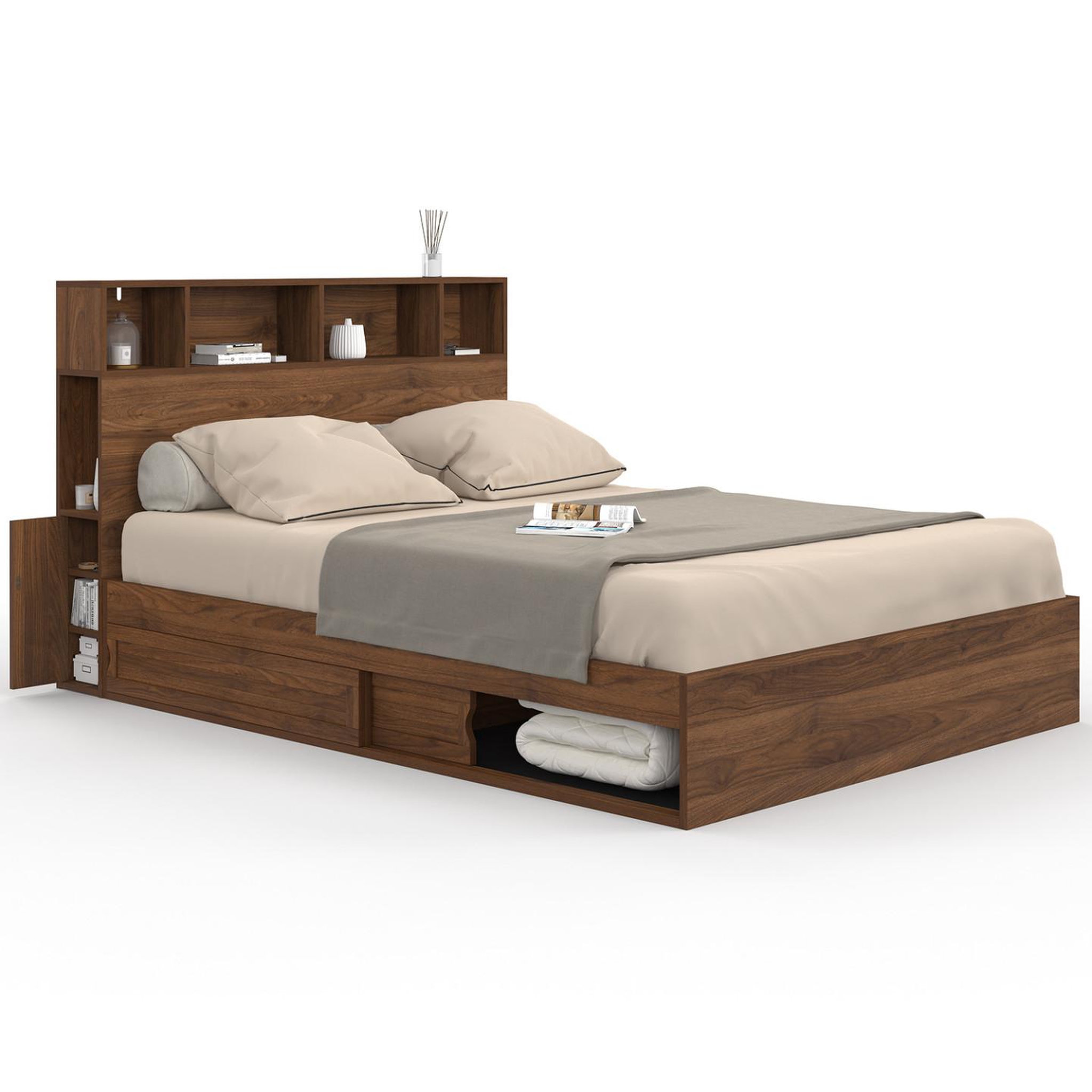 ID MARKET Lit double CLEM avec rangements + tête de lit et sommier 140 x 190 cm effet noyer