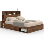 ID MARKET Lit double CLEM avec rangements + tête de lit et sommier 140 x 190 cm effet noyer