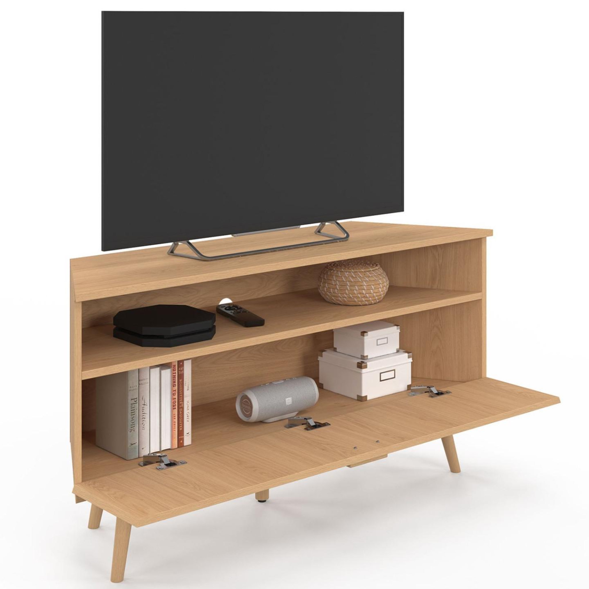 Voir la diapositive 4 : ID MARKET Meuble tv 110 cm d'angle juliette 1 porte effet lattes coloris chêne