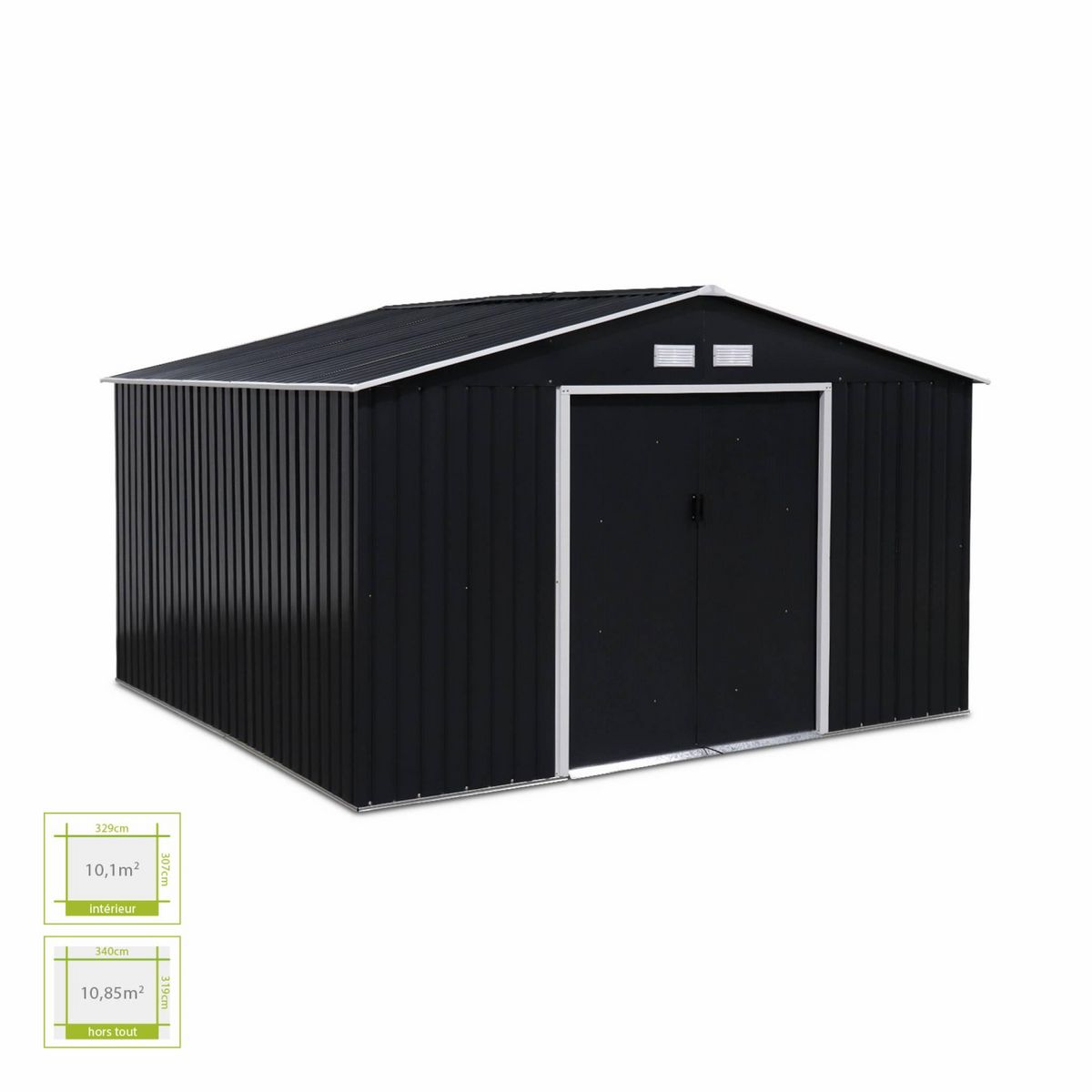 SWEEEK Abri de jardin en métal - Boulonnais - 10.85m² gris anthracite et blanc - Cabane à outils avec deux portes coulissantes. kit de fixation sol inclus. maison de rangement. remise