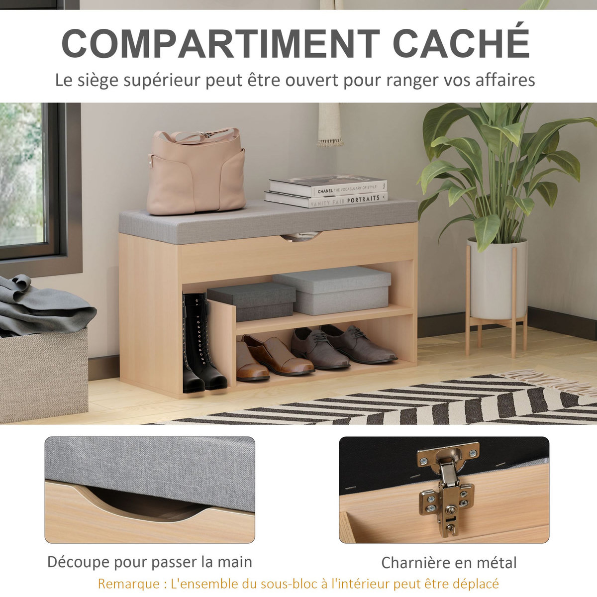 HOMCOM Meuble chaussures banc à chaussures 2 niveaux rangement, niche + coffre intégré avec coussin beige gris