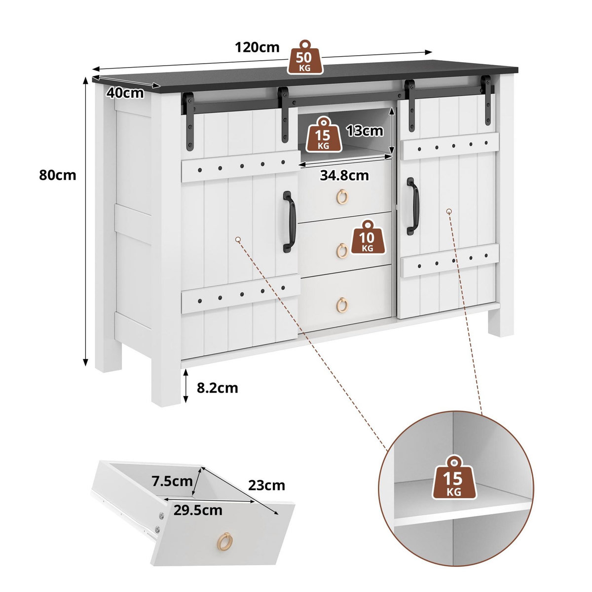 MERAX Buffet 2 porte(s) 3 tiroir(s) - 120 cm blanc mdf