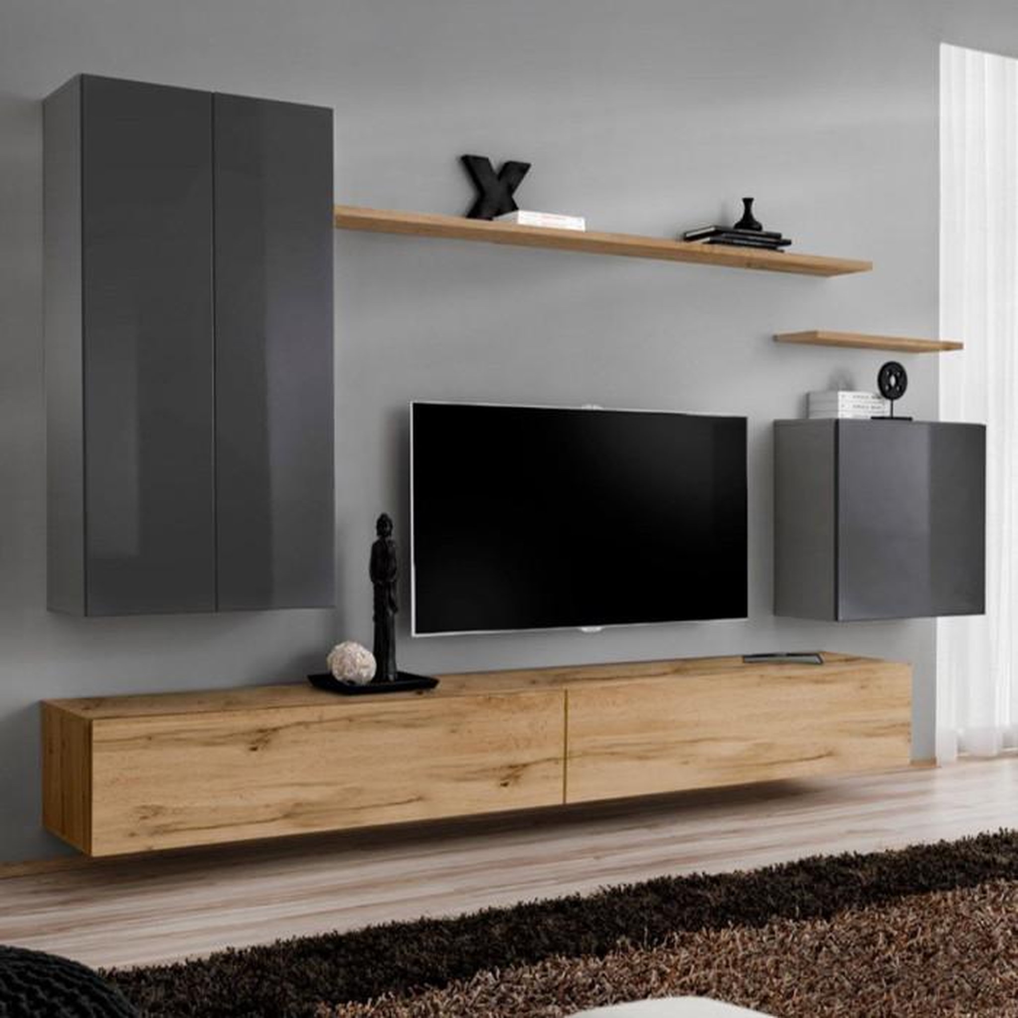 Voir la diapositive 1 : Paris Prix Meuble TV Mural Design  Switch II  270cm Gris & Naturel