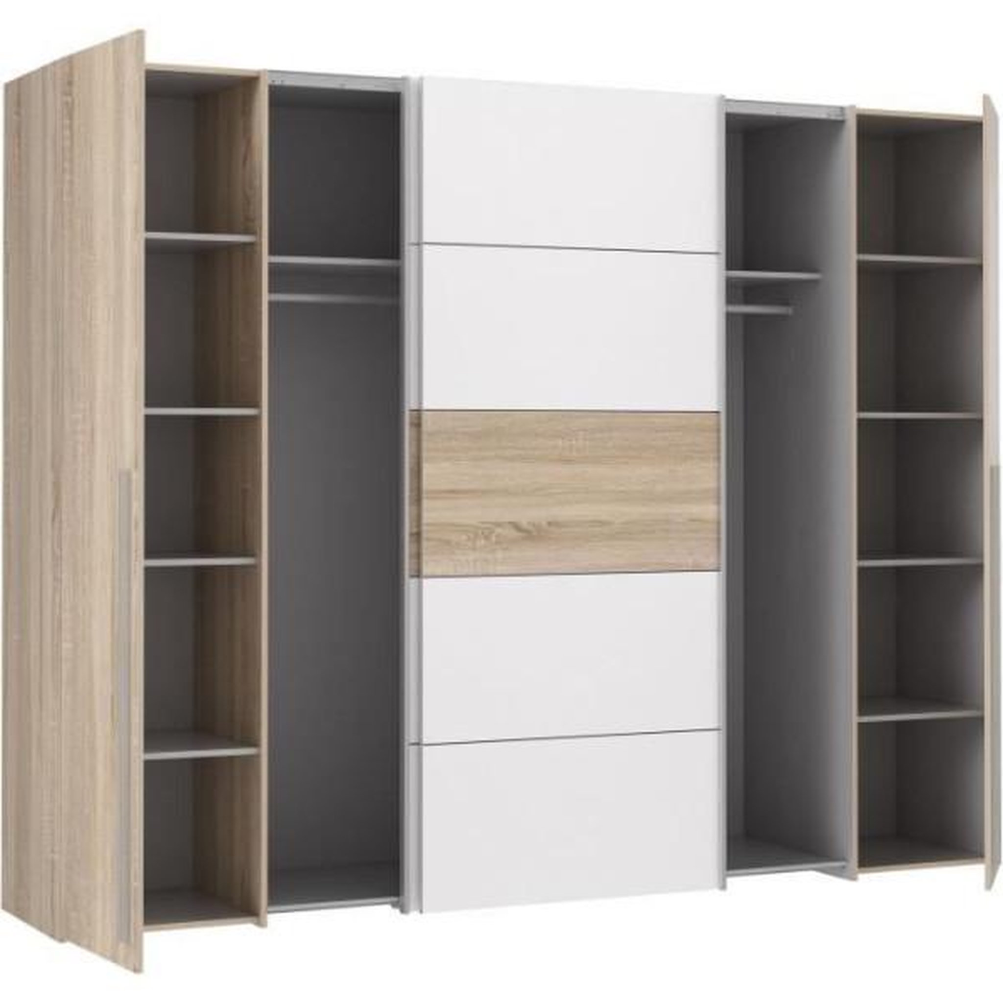 Voir la diapositive 3 : MARKET24 Armoire NARAGO - Décor Chene Sonoma et blanc mat - 2 portes coulissantes + 2 portes battantes - L270 x P61 x H210 cm