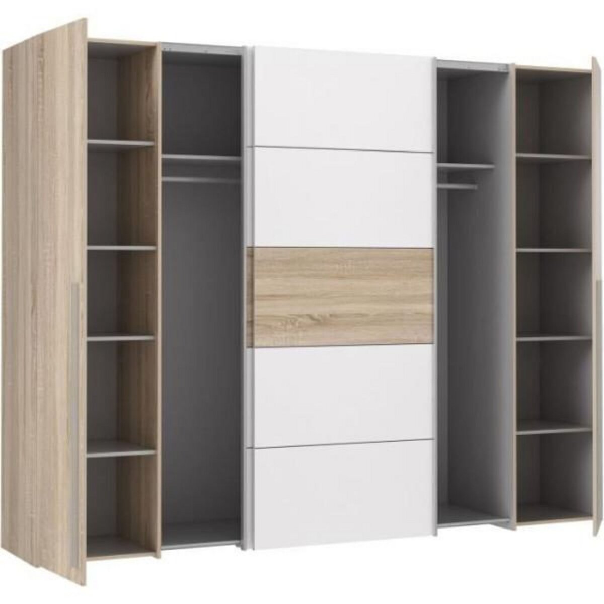 MARKET24 Armoire NARAGO - Décor Chene Sonoma et blanc mat - 2 portes coulissantes + 2 portes battantes - L270 x P61 x H210 cm