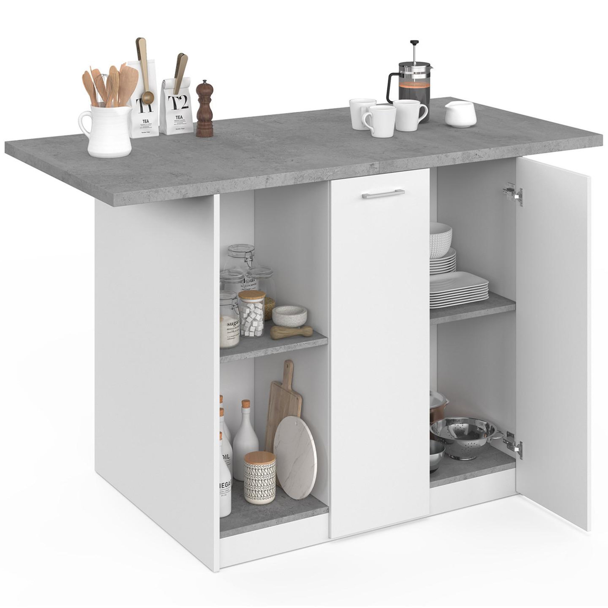 Voir la diapositive 5 : ID MARKET Ilot central bao 140 cm 4 personnes bois blanc avec plan de travail effet béton