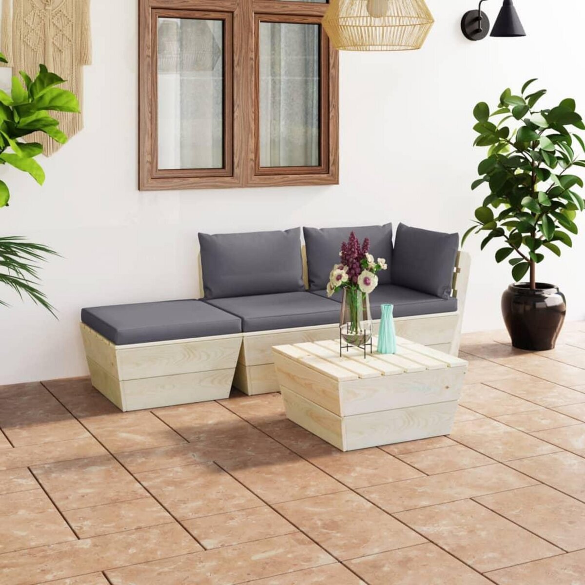 VIDAXL Salon de jardin palette 4 pcs avec coussins Epicea impregne
