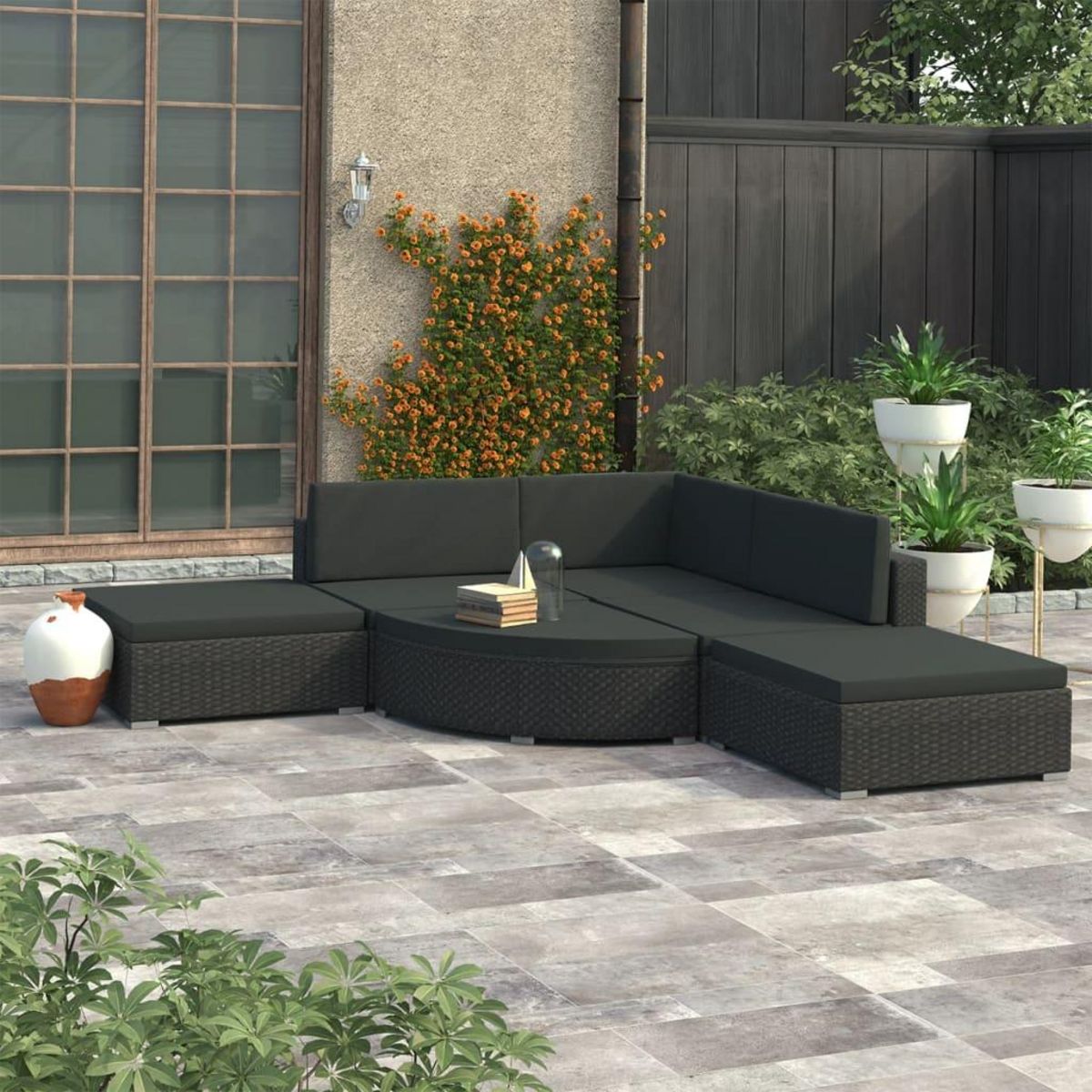 VIDAXL Salon de jardin 6 pcs avec coussins resine tressee noir