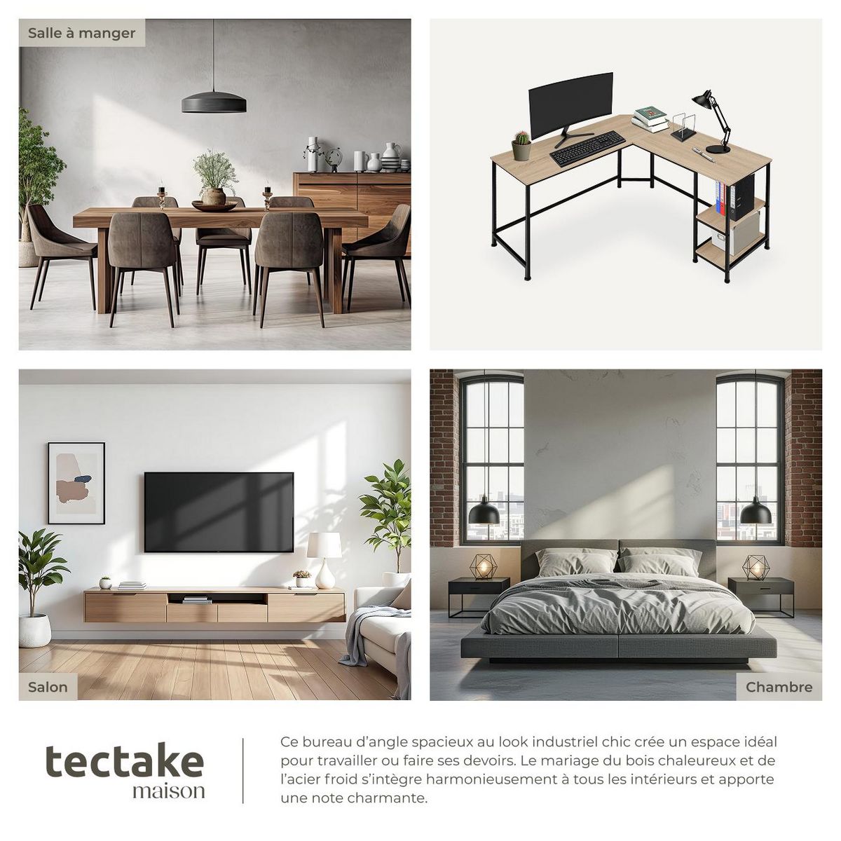 tectake Bureau Style industriel Étagère latérale avec 2 compartiments de stockage