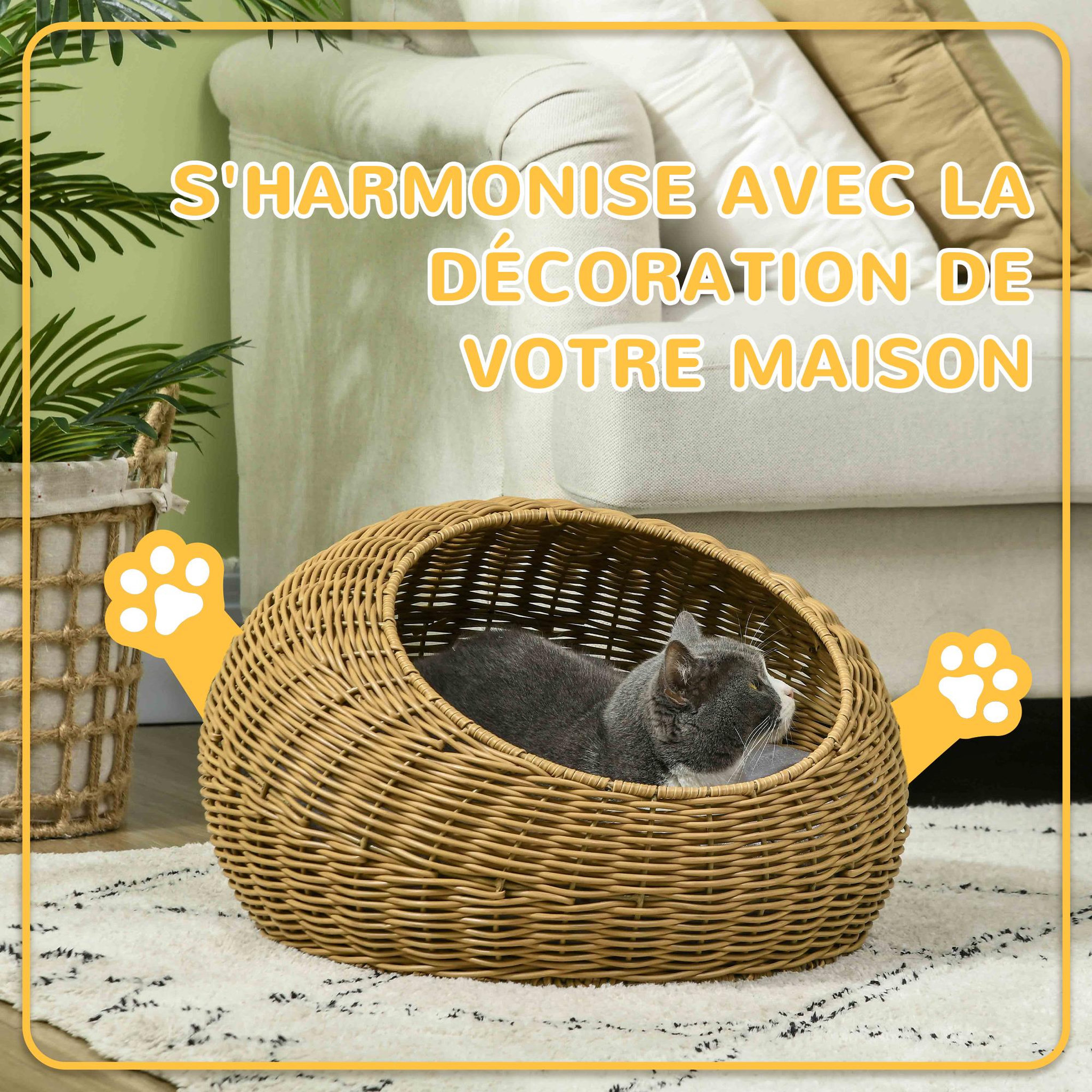 Voir la diapositive 6 : PAWHUT Niche pour chat lit pour chat panier de chat en résine tressée imitation rotin coussin doux déhoussable ø 50 x 31h cm marron clair