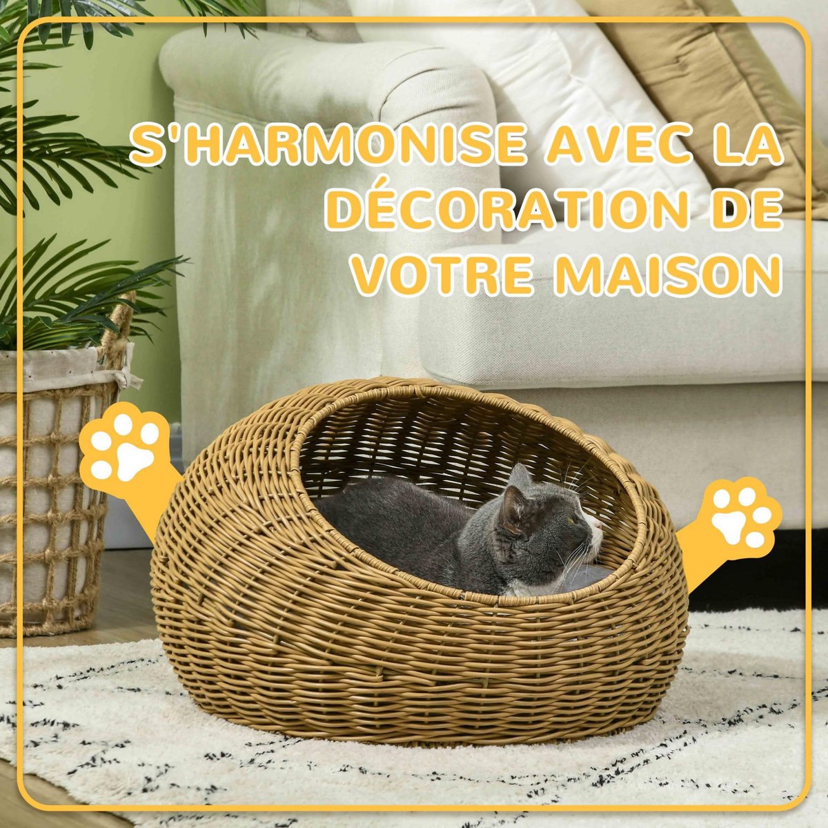 PAWHUT Niche pour chat lit pour chat panier de chat en résine tressée imitation rotin coussin doux déhoussable Ø 50 x 31H cm marron clair