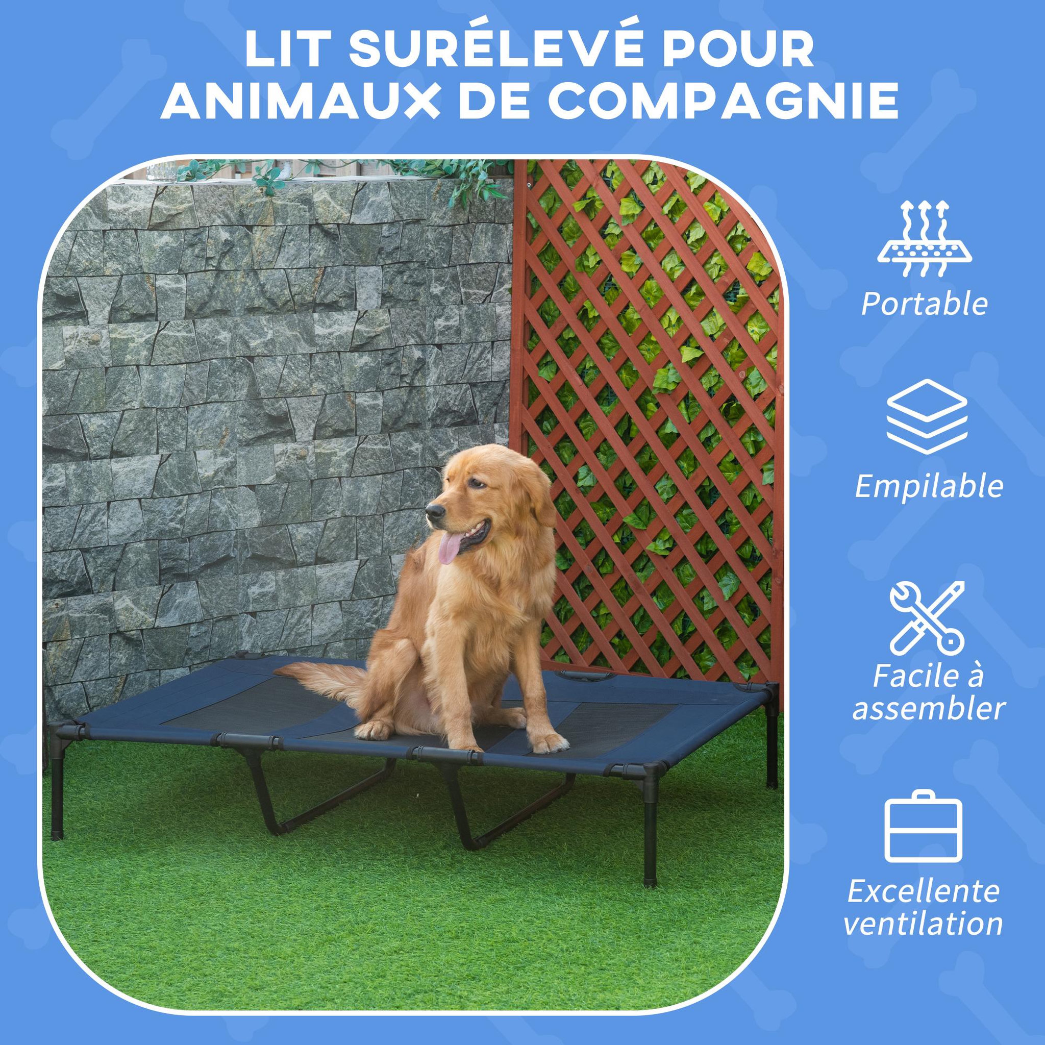 Voir la diapositive 4 : PAWHUT Lit sur pieds xxl pour chien chat lit de camp animal lit surélevé oxford textilène micro-perforé dim. 122l x 92l x 23h cm bleu