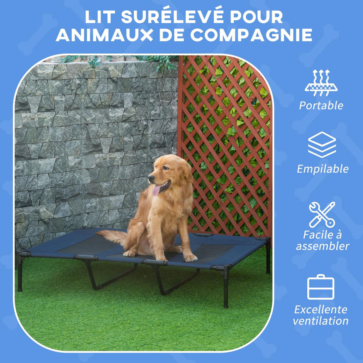 PAWHUT Lit sur pieds XXL pour chien chat lit de camp animal lit surélevé Oxford textilène micro-perforé dim. 122L x 92l x 23H cm bleu