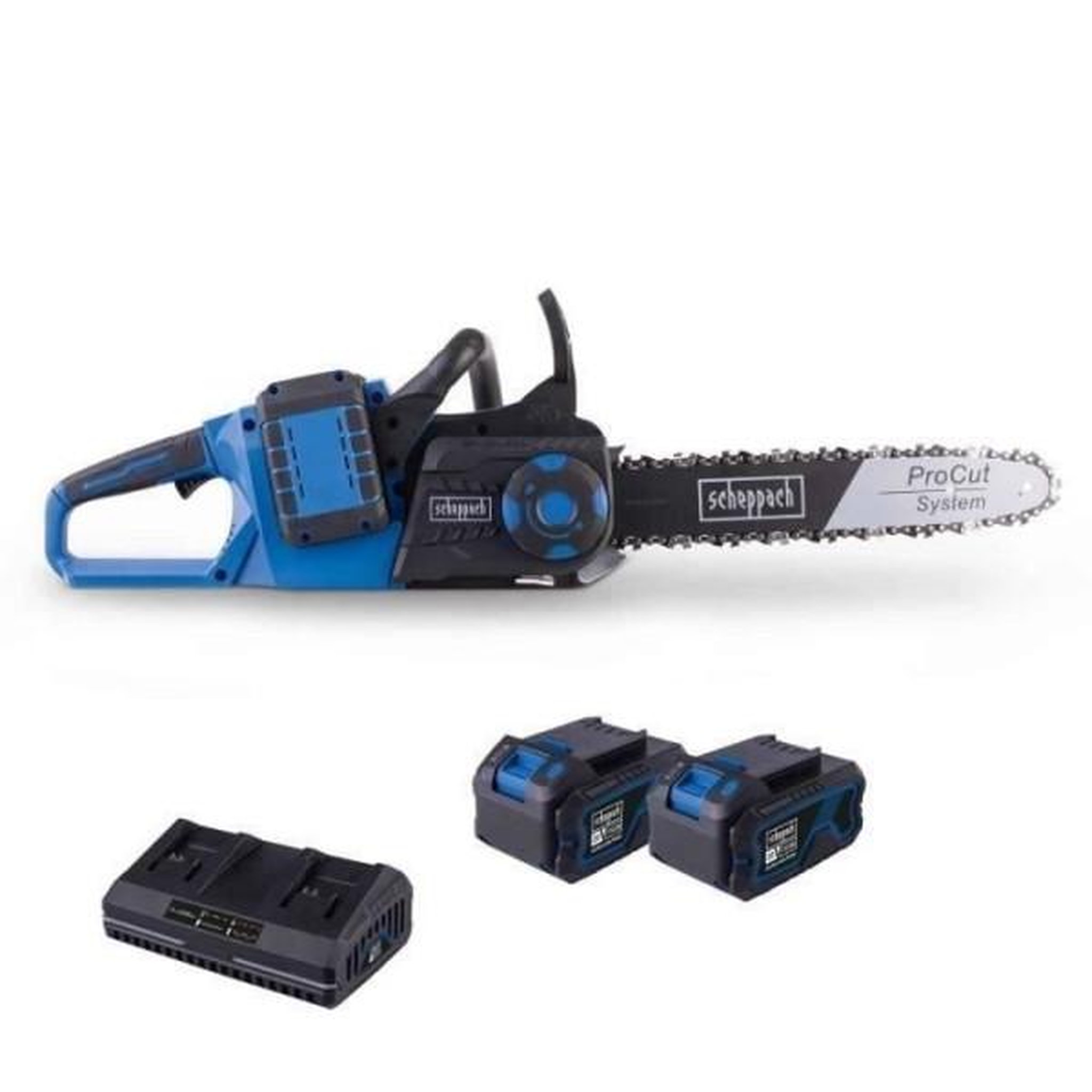 SCHEPPACH Pack tronçonneuse sans fil bc-cs355duo-x - longueur de coupe 33,5cm - scheppach 20v ixes +2 batteries 4ah + chargeur double 4.5