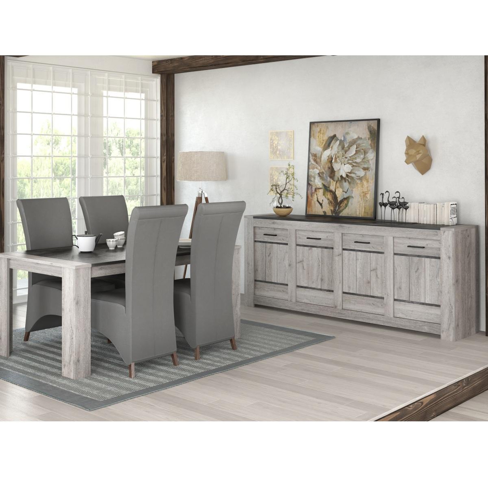 Voir la diapositive 5 : JLC KREATION Buffet bas moderne chêne gris 4 portes MAYA