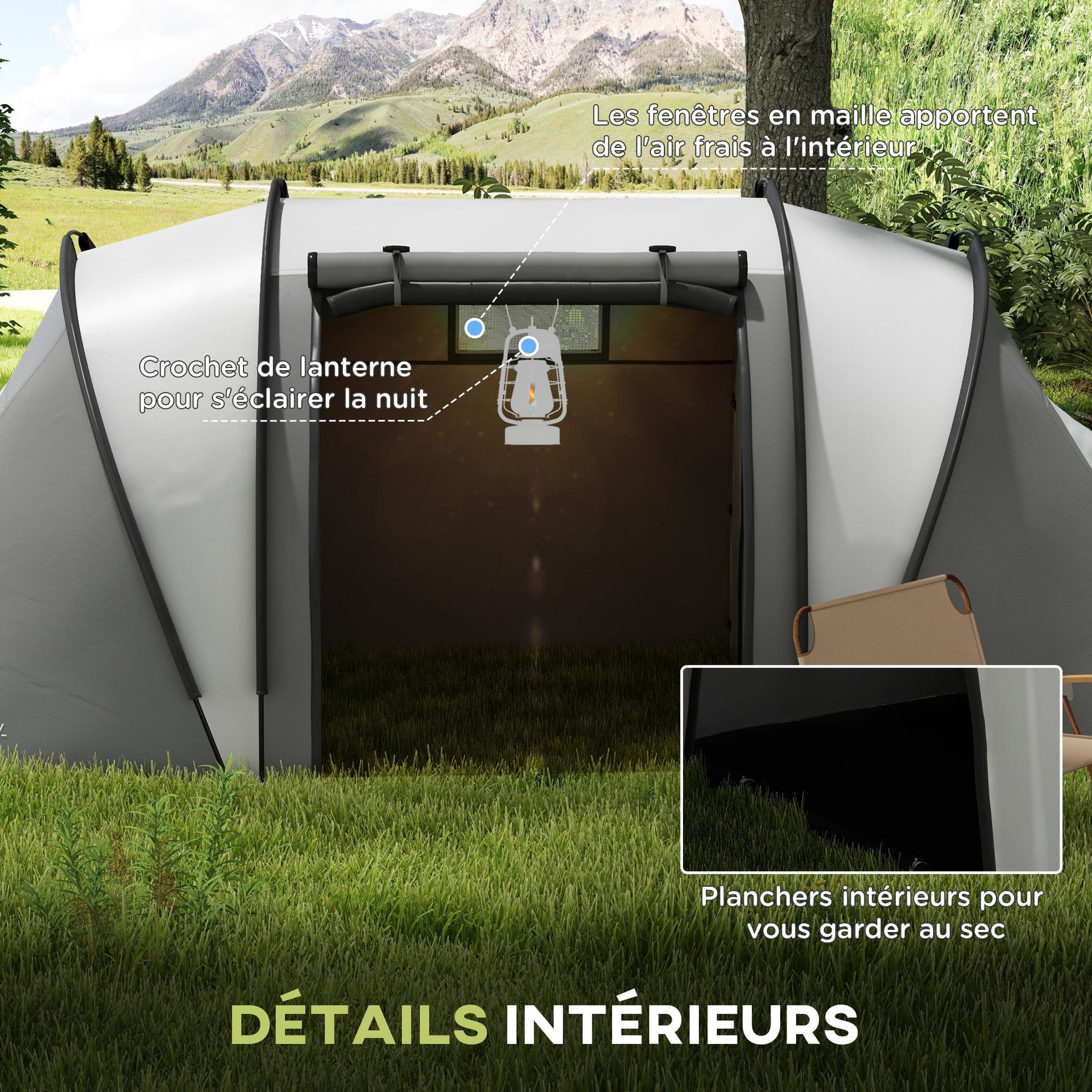 Voir la diapositive 6 : OUTSUNNY Tente de camping familiale 4-5 pers. 2 chambres 3 fenêtres sac gris