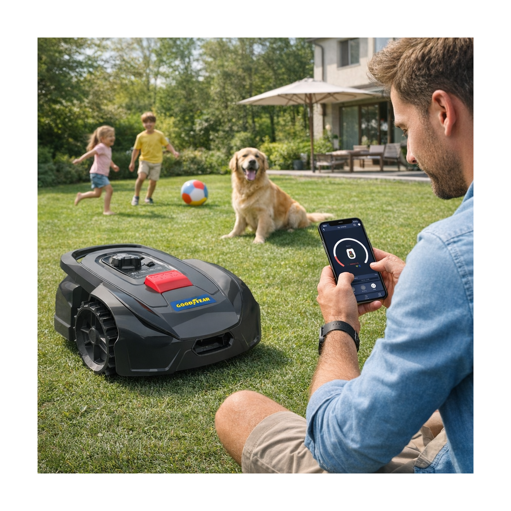 Voir la diapositive 3 : GOODYEAR Robot tondeuse sans fil 500m2 installation facile 3 lames mulching coupe ø18cm 45% retour à la base autonome goodyear
