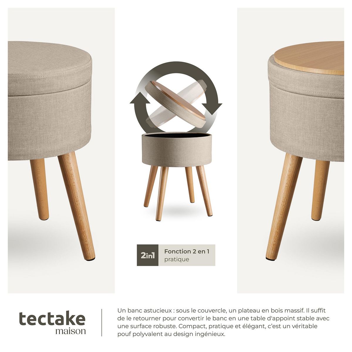 tectake Tabouret avec espace de rangement rond sable