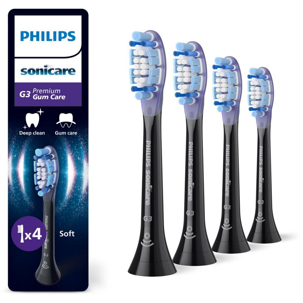 Philips Brossette dentaire Sonicare lot de 4 -  HX9054/88 black Gum Care- soin des gencives G3