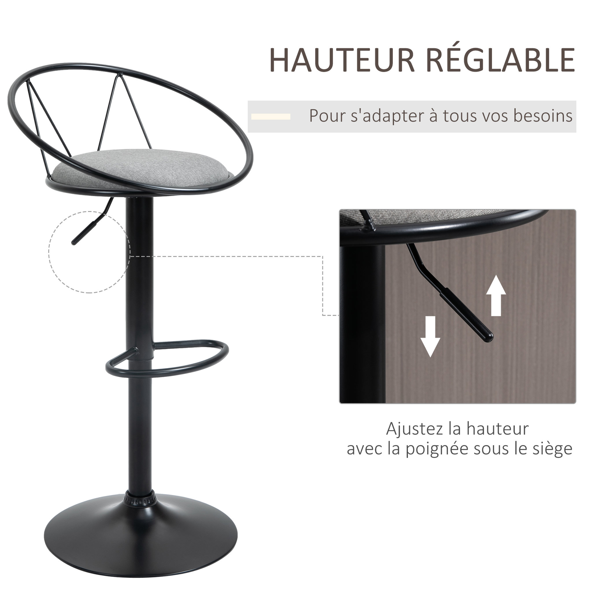 Voir la diapositive 5 : HOMCOM Lot de 2 tabourets de bar design néo-rétro réglable pivotant avec repose-pied métal noir lin gris