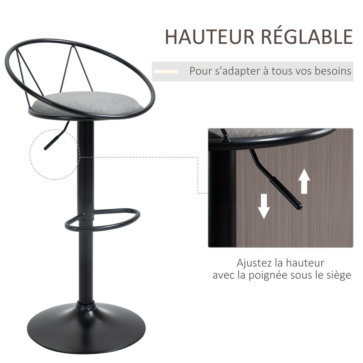 HOMCOM Lot de 2 tabourets de bar design néo-rétro réglable pivotant avec repose-pied métal noir lin gris