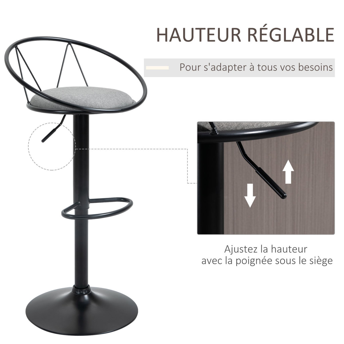 HOMCOM Lot de 2 tabourets de bar design néo-rétro réglable pivotant avec repose-pied métal noir lin gris