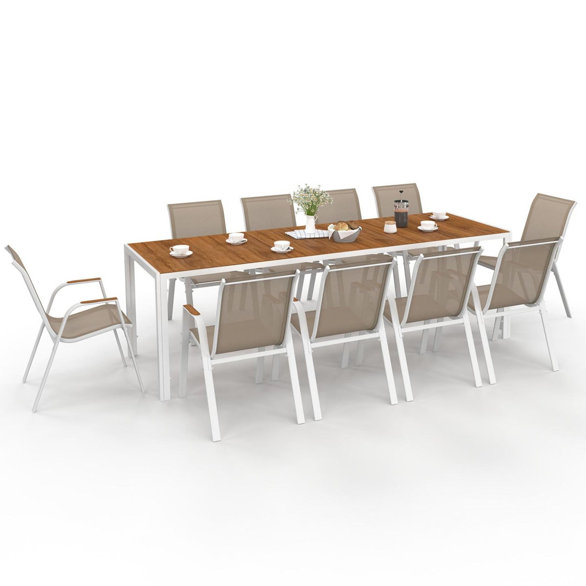 ID MARKET Salon de jardin NOUMEA table 240 cm plateau verre trempé effet bois et 10 chaises empilables blanc et bois