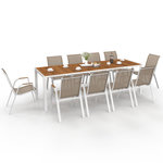 ID MARKET Salon de jardin NOUMEA table 240 cm plateau verre trempé effet bois et 10 chaises empilables blanc et bois