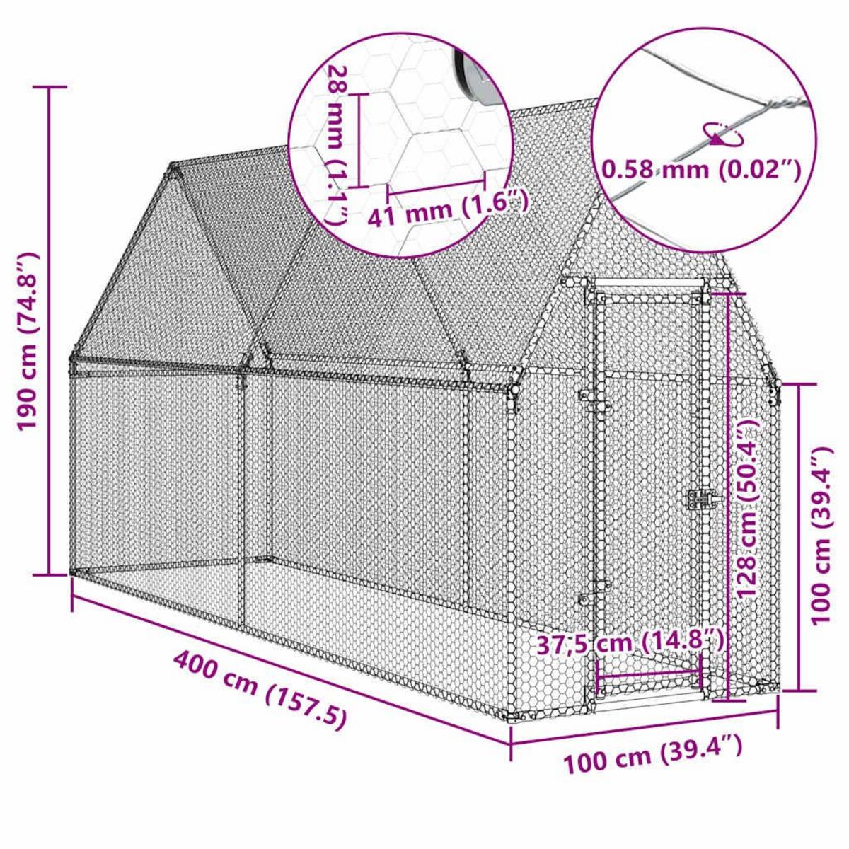 VIDAXL Cage pour poules argente 400x100x190 cm acier galvanise