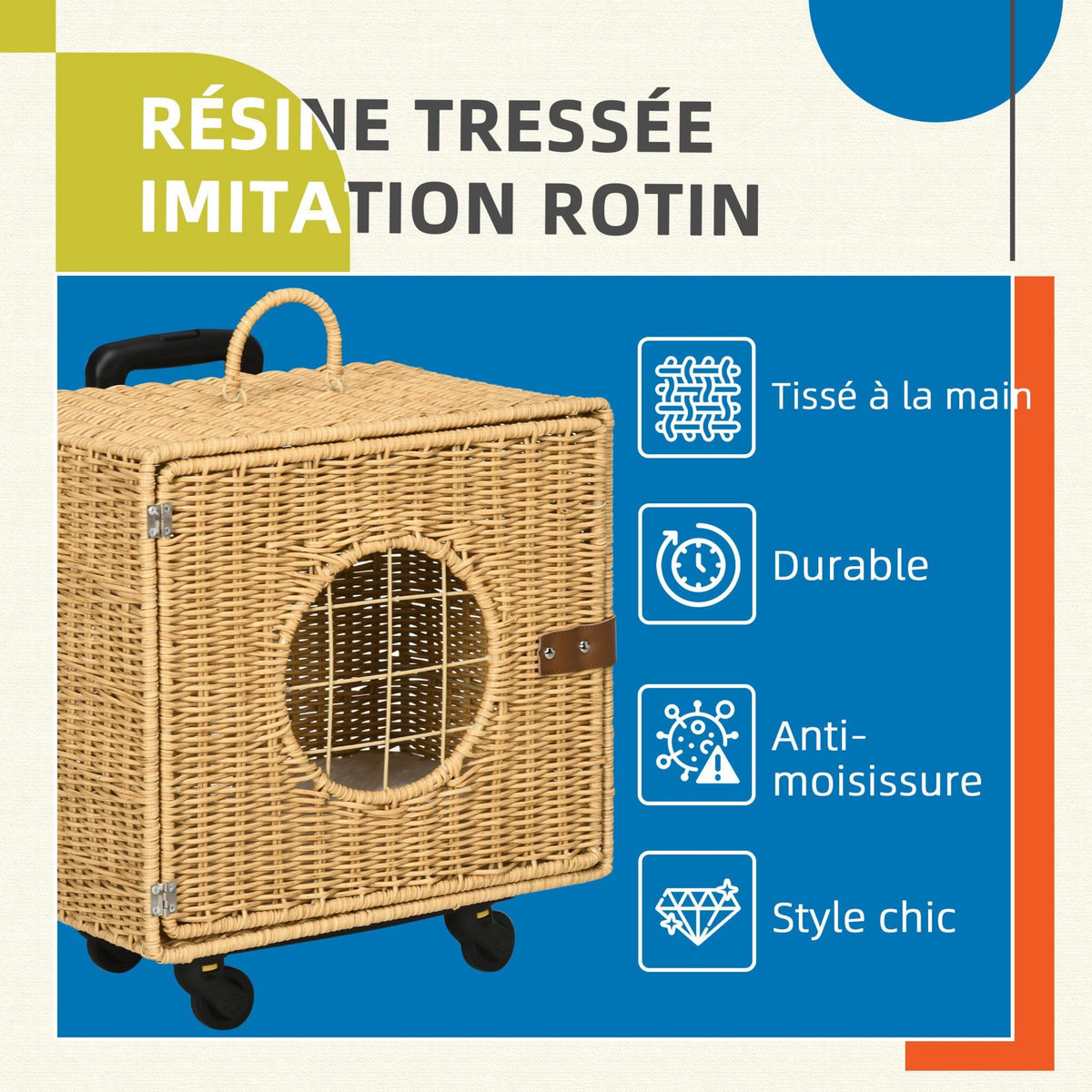 PAWHUT Caisse de transport pour chat - 4 roulettes, poignée télescopique, poignée, fenêtre, coussin - résine tressée aspect rotin