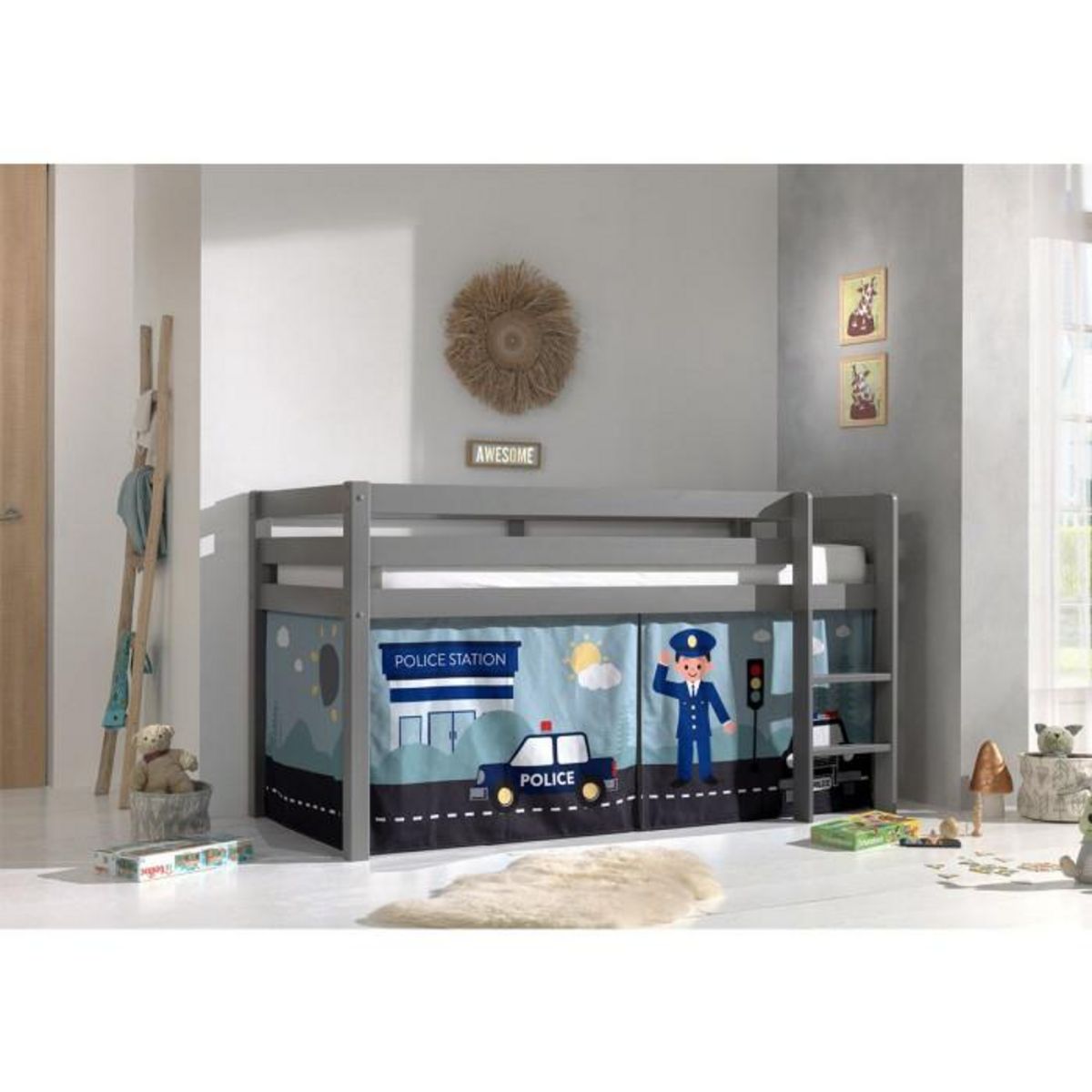 Paris Prix Lit Enfant Surélevé  Pino Police  90x200cm Gris