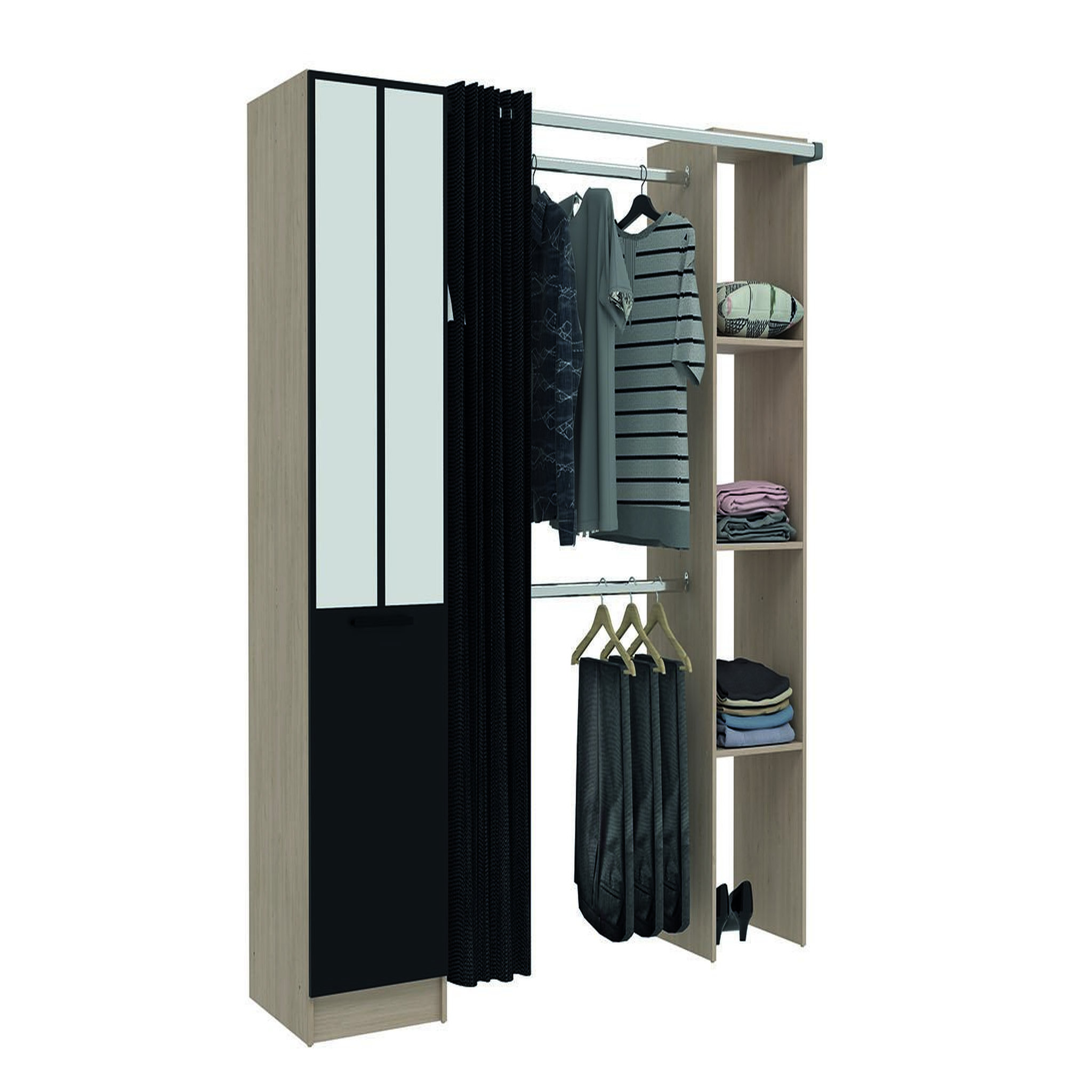 Voir la diapositive 2 : CONCEPT USINE Dressing industriel bois avec rideau noir et 2 penderies et 6 étagères NICE